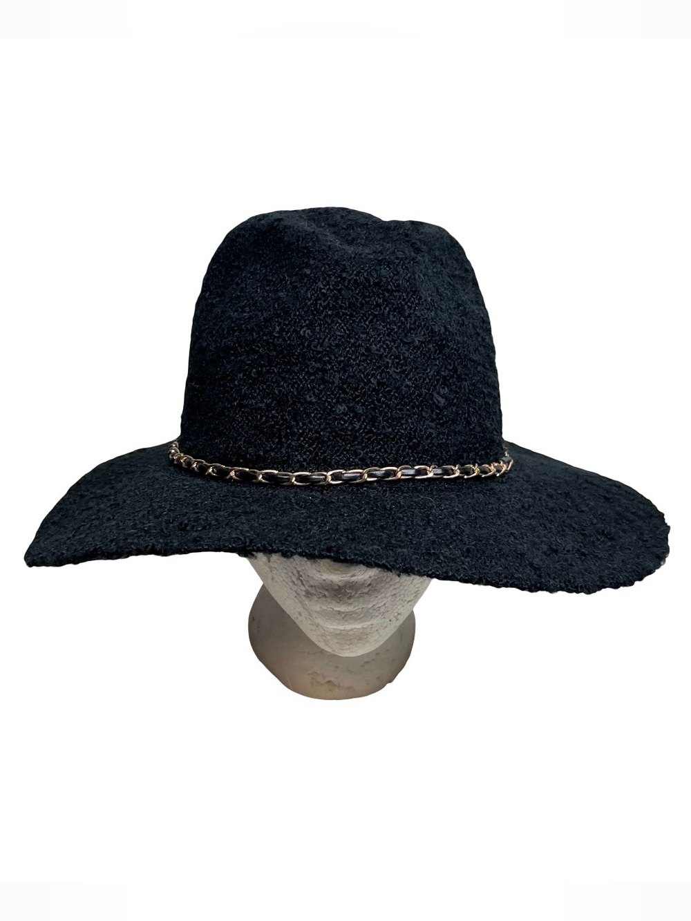 Old Money Cozy Autumn Textured Gold Chain Crown Detail Wide-Brim Fedora Hat OS